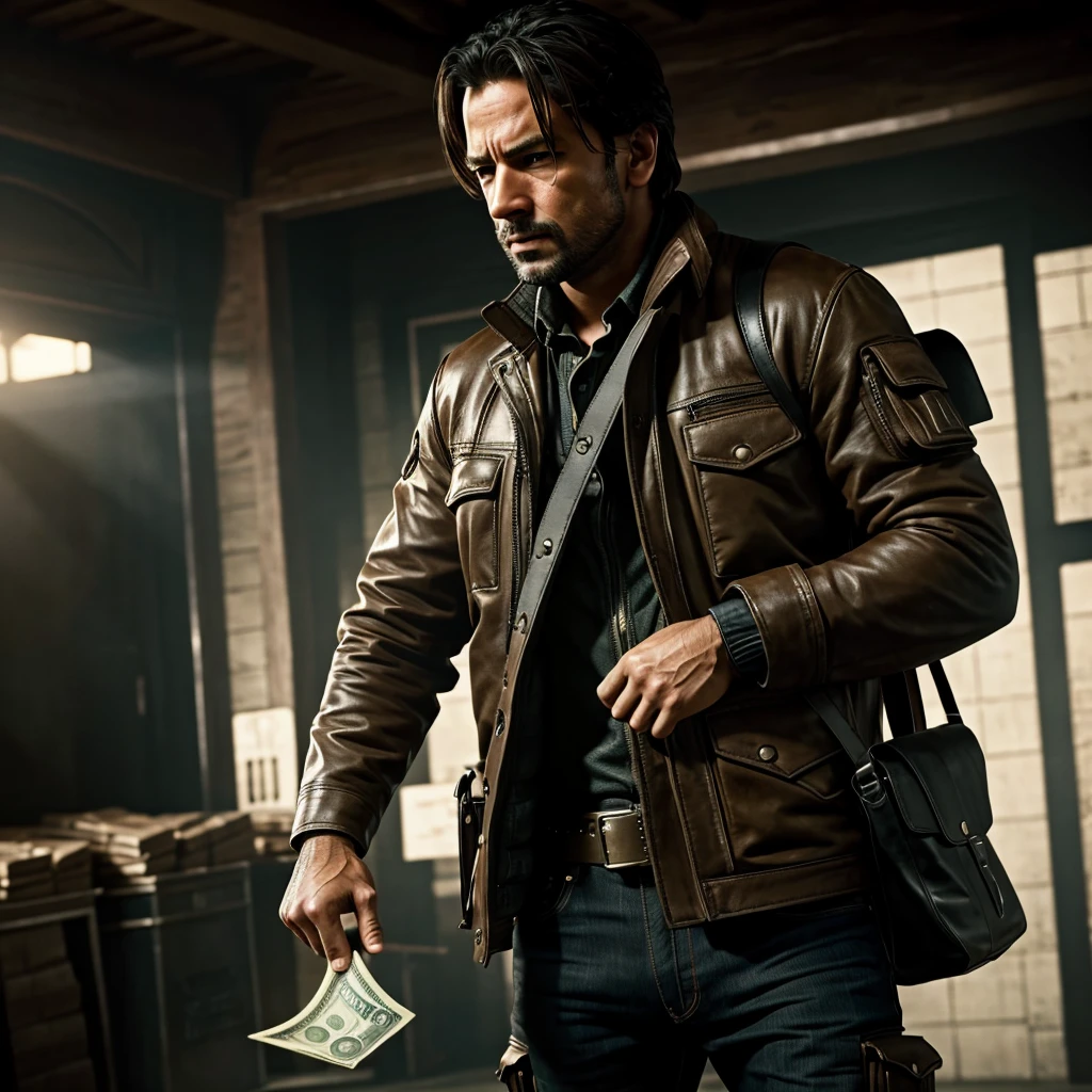 bags of cash, cinematic action, masterpiece, super detail, textured skin, atmospheric perspective,