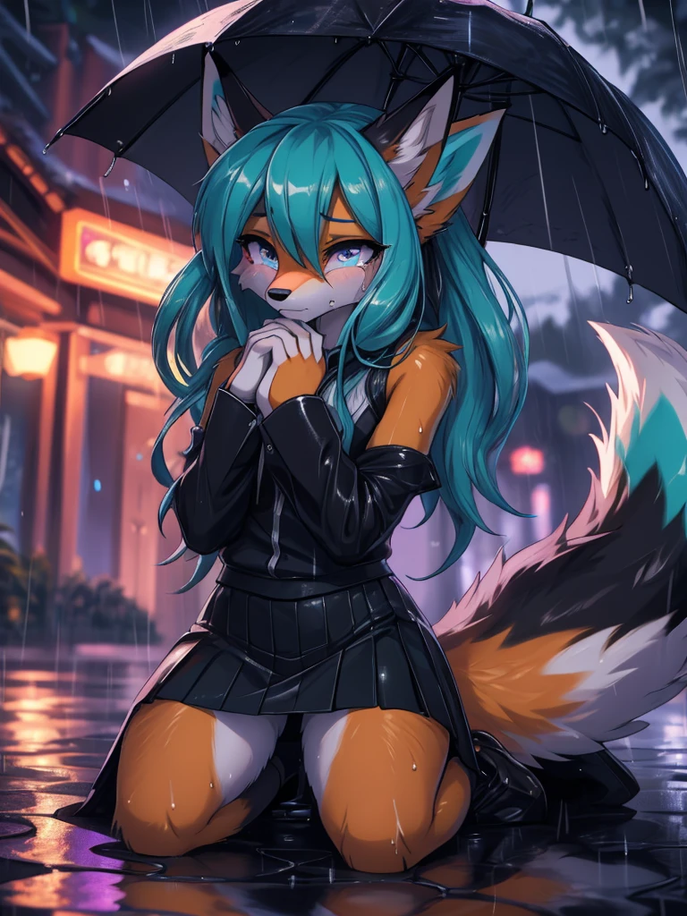 Masterpiece, High Definition, Miku Hatsune x vixen, primer plano  High Definition, jealous, hands together upset, High Definition, purple iris, add_detail:1, full body add_detail:1, kneeling in the rain add_detail:1, body wet from the rain add_detail:1, High Definition, sad little fox, sobbing face add_detail:1, High Definition en su cara add_detail:1, very sadness girl, crying in heavy rain add_detail:1 High Definition, black novel chemisse, black skirt add_detail:1 High Definition 