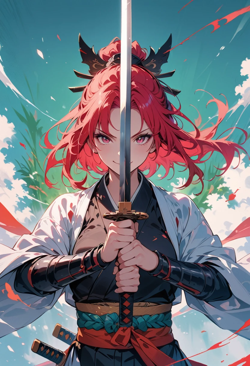 Samurai,Sword in both hands, smiling, 4K, high res, masterpiece, detailed face, illustration