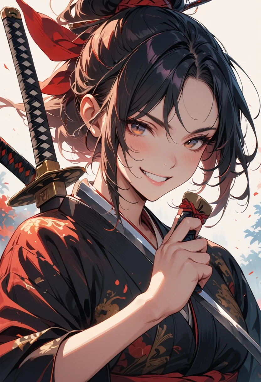 Samurai,Sword in both hands, smiling, 4K, high res, masterpiece, detailed face, illustration
