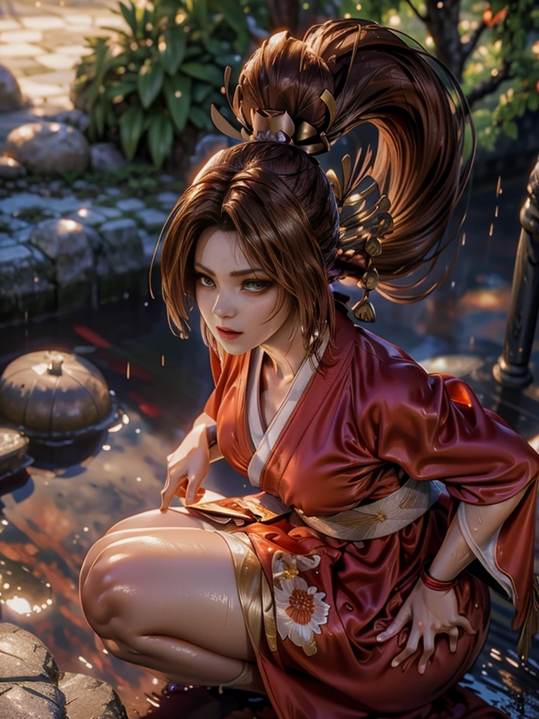(exquisitely detailed CG unity 8k wallpaper, masterpiece-quality with stunning realism), (best illumination, best shadow), (best quality), (elegant style:1.2), Arti modern anime. angled view, heroic pose, midshot, (cel-shading style:1.3), centered image, ultra detailed closeup portrait of (Mai Shiranui:1) from (King of Fighters), best quality, expressive eyes, perfect face, highres, (ultra details), 1 girl, solo, brown hair, hair ornament, eyeshadow, gold, white and red qipao, highly ornamented, in the city of Japan, portrait, looking at the viewer, piercing eyes, full body, (light from the angle:1) (wind blowing:1.2).(depth of field effects:1.3) (motion action:1.2) (closeup:1.2) (angled closeup photography:1), (motion blur effects:1), wide angles, spreading feet, Thin to transparent,see-through,(((Soggy-kimono:1.2))),Lace fabric, (((water-immersed body: 0.9))),jewelry, relaxing pose, (dress on fire:.7)