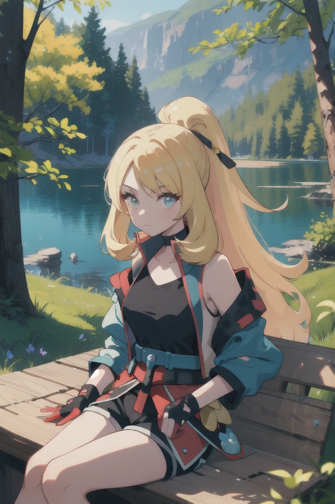 masterpiece, best quality, aurCynthia, ponytail, blue jacket, black shirt, belt, black shorts, fingerless gloves, red gloves, blue overskirt, sitting, lake, forest, looking at viewer