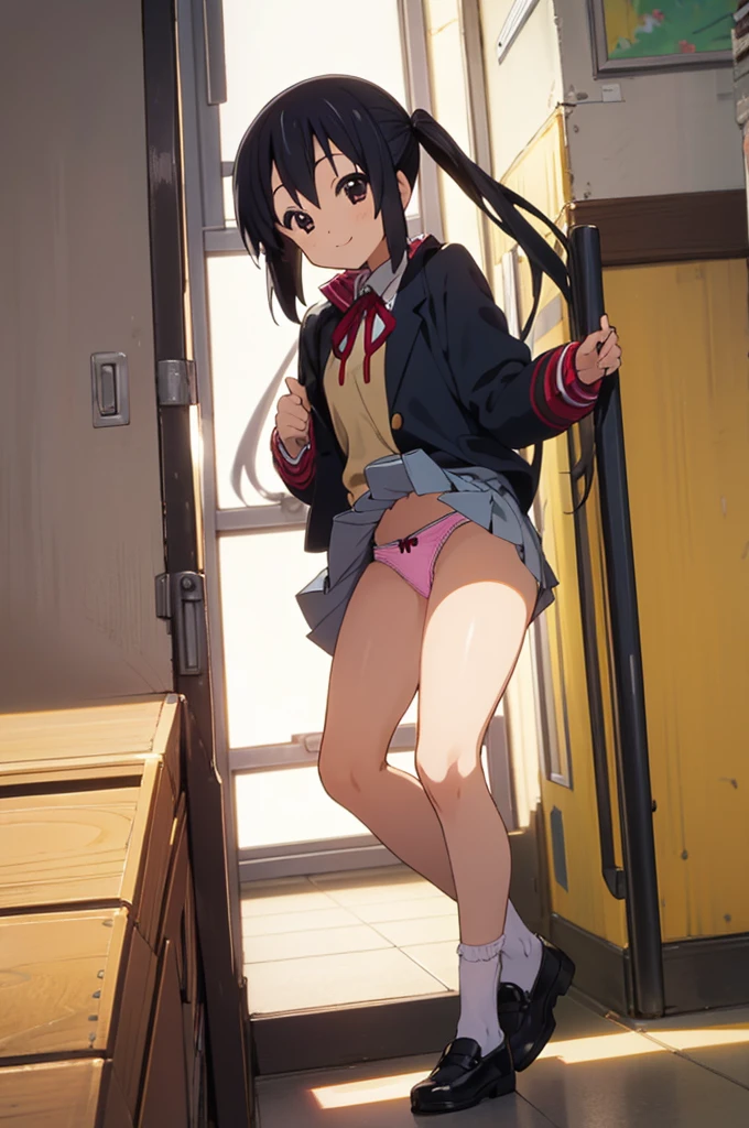 (((picture perfect))), 1girl, solo, azusa nakano, , jacket, looking at viewer, smile,miniskirt,(((lift skirt,panties)))