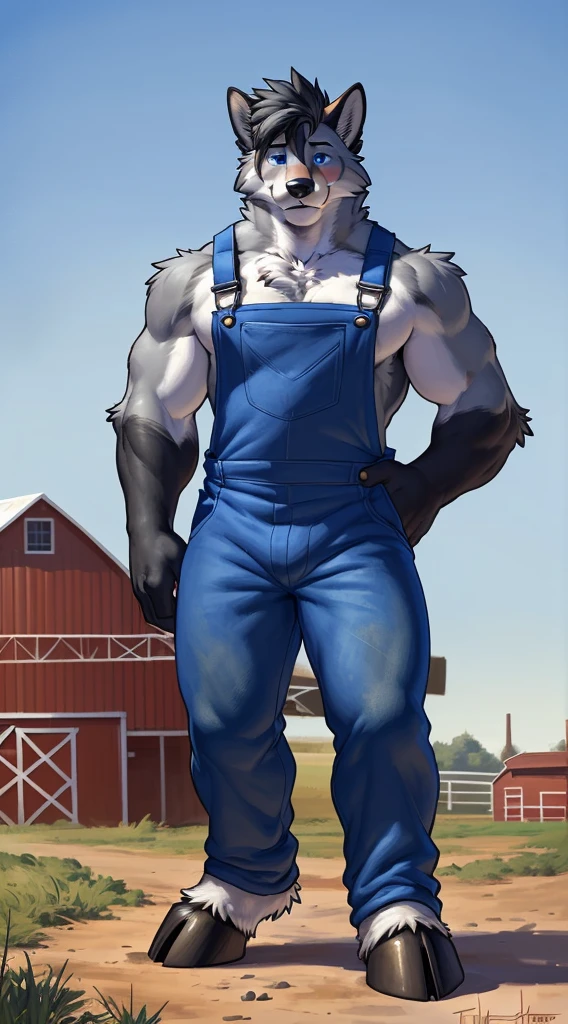 Front view, (modern):1.8 full height, anthro (fox), male, equine, adult, solo, muscular:1.2, thick:1.4 build, tall, ((blue:1 farm overalls, black-red vest)), hooves, correct anatomy, fox tail, , (grey fur, short black mane, detailed fur:1.4), shy, (high quality ultradetailed:1 blue eyes), farm background, (masterpiece:1.2), epic, natural lighting, (by takemoto arashi, by meesh, by Taran Fiddler)