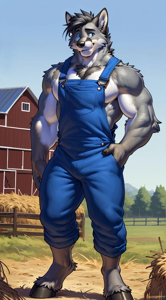 Front view, (modern):1.8 full height, anthro (fox), male, equine, adult, solo, muscular:1.2, thick:1.4 build, tall, ((blue:1 farm overalls, black-red vest)), hooves, correct anatomy, fox tail, , (grey fur, short black mane, detailed fur:1.4), shy, (high quality ultradetailed:1 blue eyes), farm background, (masterpiece:1.2), epic, natural lighting, (by takemoto arashi, by meesh, by Taran Fiddler)