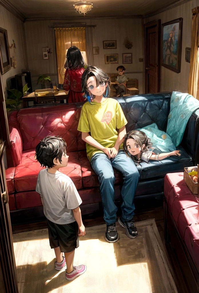 create me a one parent family, A mother, and two children, a 15 year old boy and a 12 year old girl, in a living room of a happy house