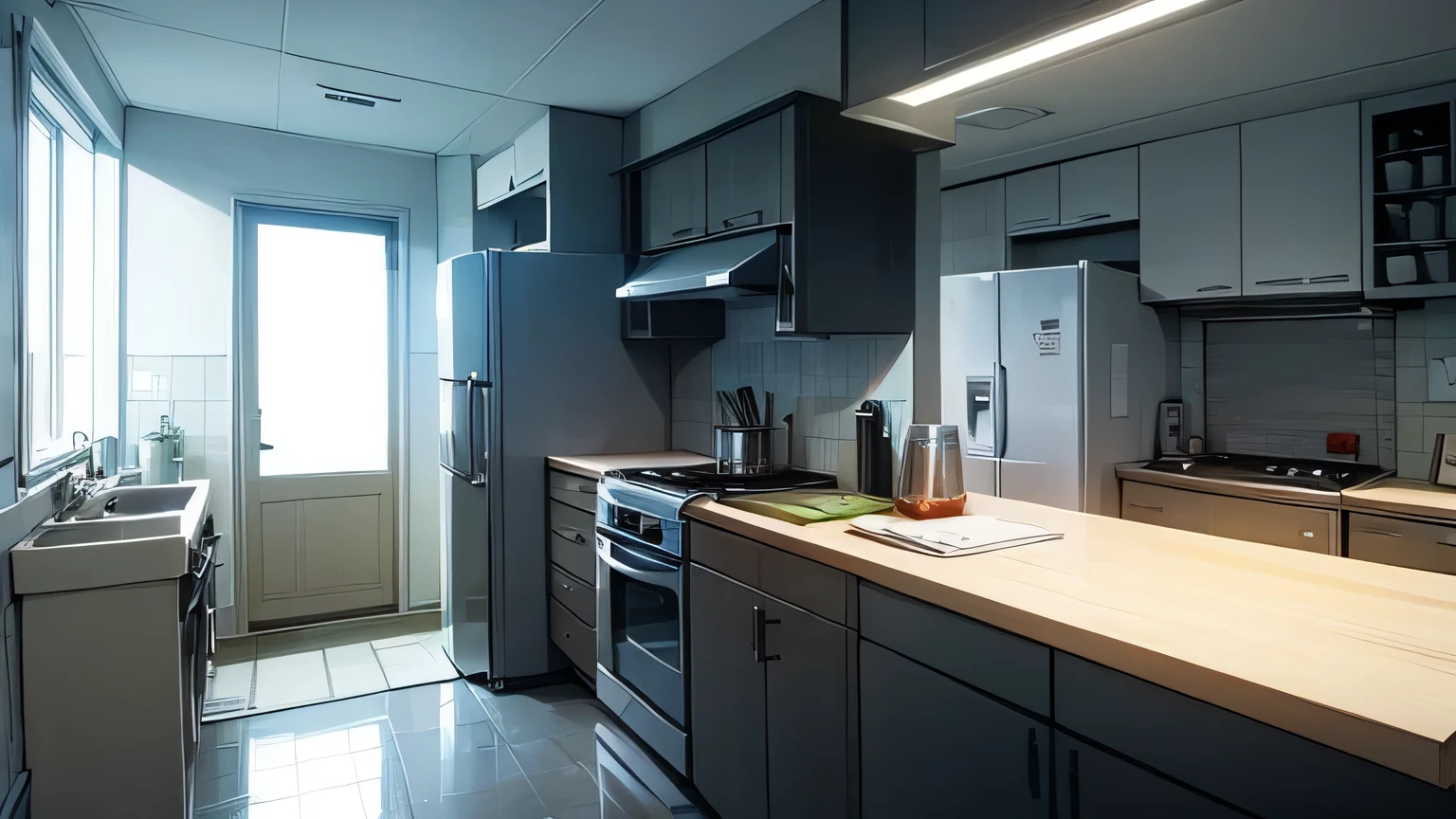 untidy kitchen, anime style, cel shading, pencil sketch, fine line art, cinematic lighting