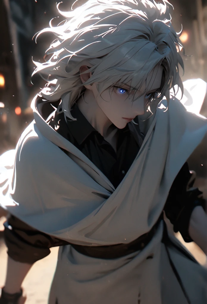 (solo), white hair, messy hair, mane hair, short hair, dense hair, wild hair, expressive hair, mature,(25 year old), pale skin, blue eyes, ((male)), wearing a black shirt, wearing a white cloak,, rolled up sleeves, handsome, attractive, eye reflection, depth of field, thunder aura,cinematic lighting, ray tracing, depth of field, cinematic lighting, ray tracing, UHD, high details, best quality, highres, high quality, award winning, super detail, masterpiece, 8k, UHD, high details, best quality, highres, high quality, award winning, super detail, masterpiece, 8k, digital art, anime coloring, full body shot, body shot, In a fighting position, Hand to hand combat, good face, perfect face, detailed face, good eyes, looking towards the screen.