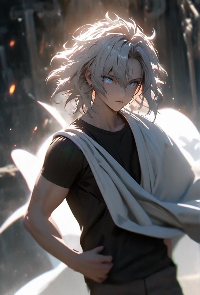 (solo), white hair, messy hair, mane hair, short hair, dense hair, wild hair, expressive hair, mature,(25 year old), pale skin, blue eyes, ((male)), wearing a black shirt, wearing a white cloak,, rolled up sleeves, handsome, attractive, eye reflection, depth of field, thunder aura,cinematic lighting, ray tracing, depth of field, cinematic lighting, ray tracing, UHD, high details, best quality, highres, high quality, award winning, super detail, masterpiece, 8k, UHD, high details, best quality, highres, high quality, award winning, super detail, masterpiece, 8k, digital art, anime coloring, full body shot, body shot, In a fighting position, Hand to hand combat, good face, perfect face, detailed face, good eyes, looking towards the screen.