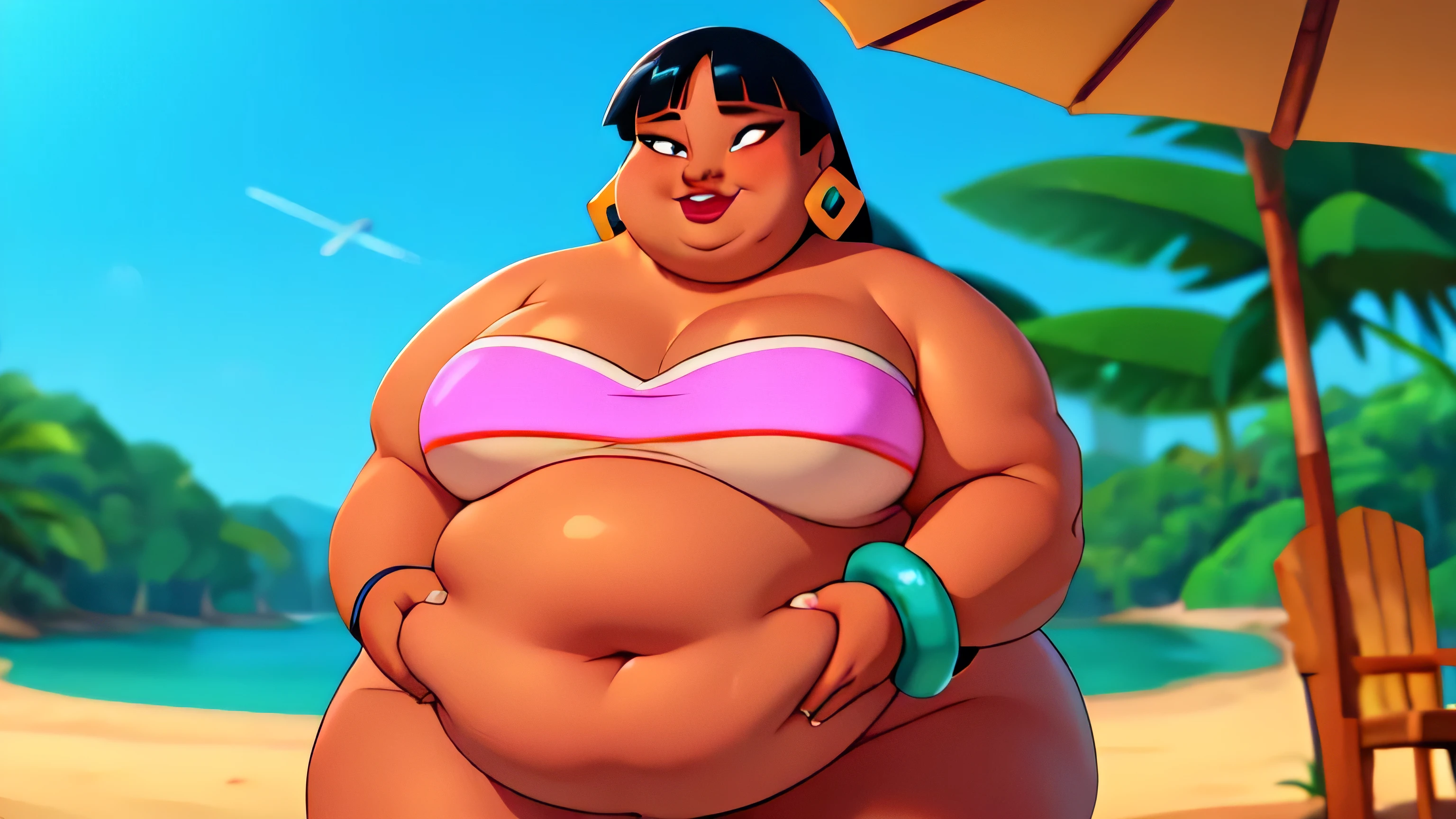 (work of art:1.2, best qualityer:1.2), soft ambient lighting, perfect lighting, 1 girl, standing alone, Chel, Bblack hair, long hair, rhombus stripe, eyes browns, darkskin, lipstick, breasts big, Broad Hips, top of the tube, neckleace, bared shoulders, emerald earrings, emerald bracelets, looking at the camera with a smug expression on his face, beach background, very large body, fat belly rolls, big breasts, sexy smile, fat arms, thunder thighs, super fat, looking at viewer, wet clothes, sweating very hard, sexy looking, blob, breathtaking