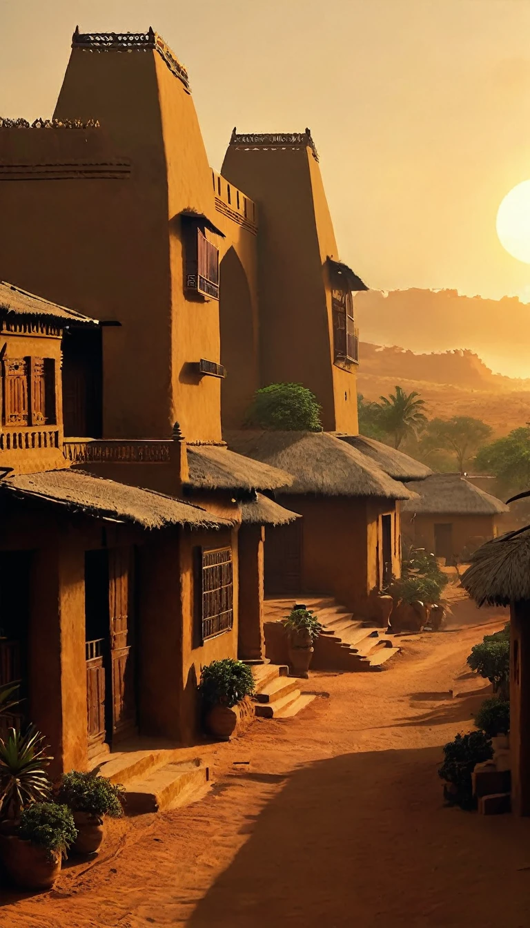  the big and very rich Mali Empire in Africa, beautiful warm lighting, serene peaceful, calming relaxing atmosphere, high quality, photorealistic, 8k, intricate details, vibrant colors, dramatic chiaroscuro lighting, so many houses, civilisation