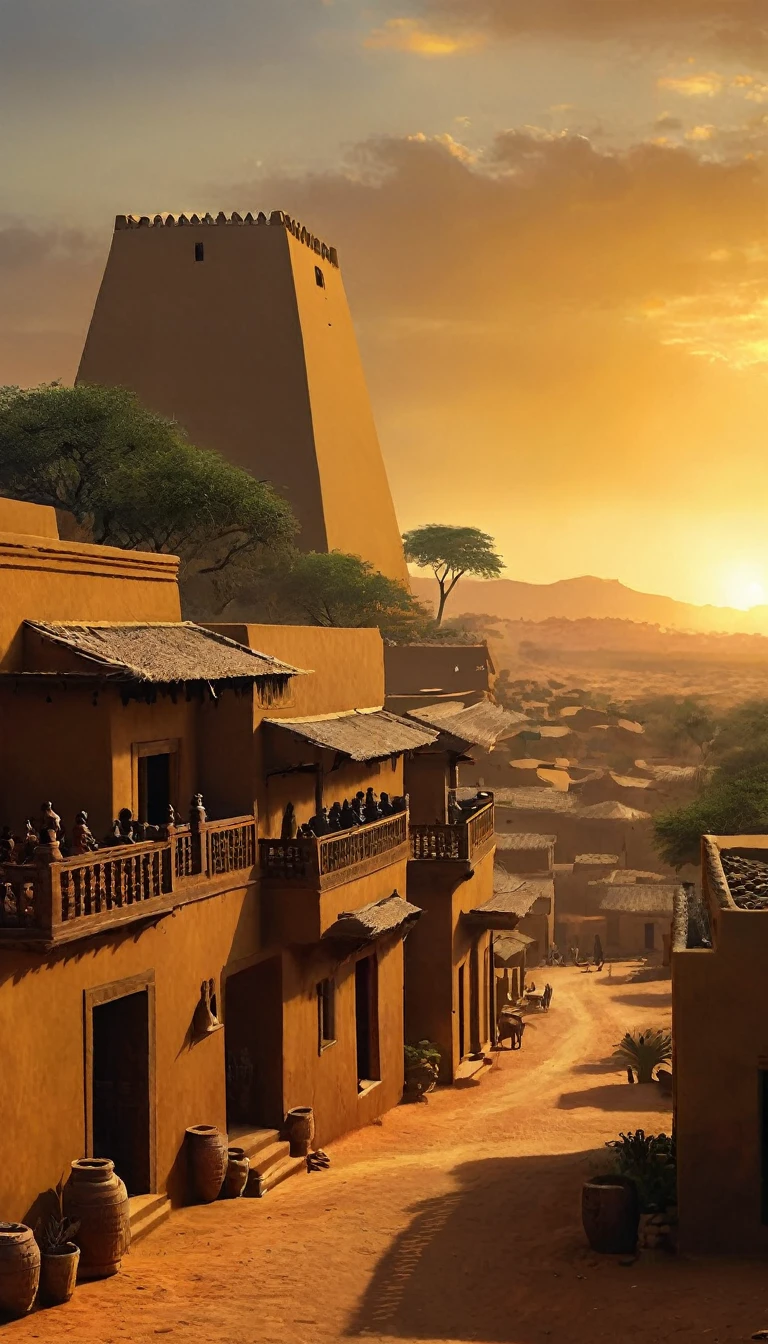 the big and very rich Mali Empire in Africa, beautiful warm lighting, serene peaceful, calming relaxing atmosphere, high quality, photorealistic, 8k, intricate details, vibrant colors, dramatic chiaroscuro lighting, so many houses, civilisation