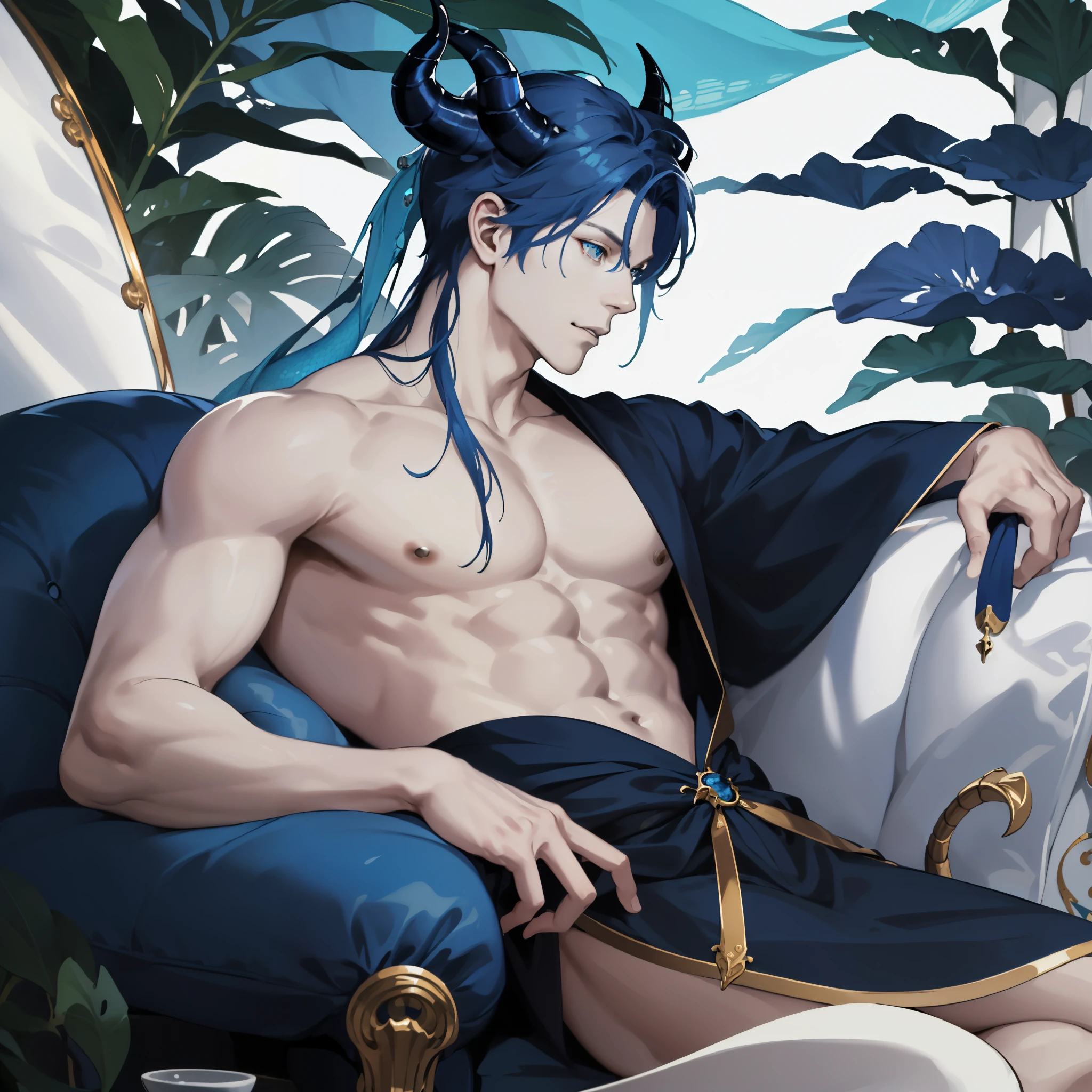 (absurdres, highres, ultra detailed, realistic, ), masculine man, solo, alone, sea, deep blue hair, blue scales on skin, pale skin, golden hunter eyes, navy blue horns curved backwards, serene expression, traditional clothes, dragon tail, more clothes on legs, shiny eyes, better eyes