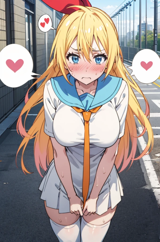 solo, 1girl, chitoge kirisaki, serafuku, necktie, , looking at viewer, miniskirt,thighhighs,outdoor,spoken heart,big breasts,nsfw,(blush,sweating)