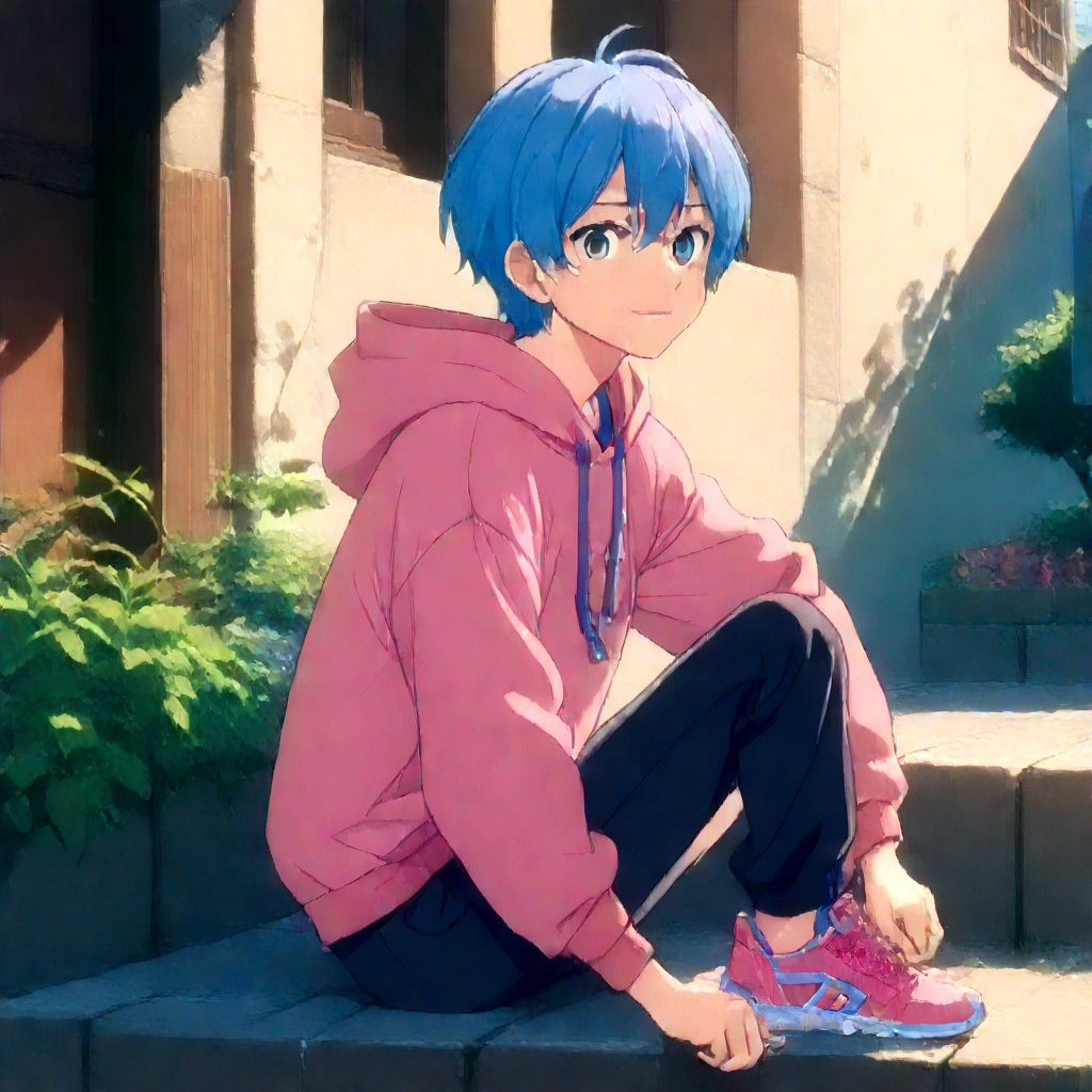 male:1.4、anime characters、((Very Shorthair、2Colored hair色、Blue and pink2Colored hair))、(Pink sneakers) shirtless 、smile、whole body、sitting、(highest quality,4K,8K,High resolution,masterpiece:1.2)、cool young man、male、background is white