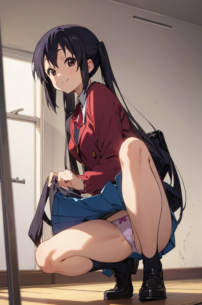 (((picture perfect))), 1girl, solo, azusa nakano, , jacket, looking at viewer, smile,miniskirt,(((lift skirt,panties))),squatting,indoor,open legs,spread legs,medium breasts