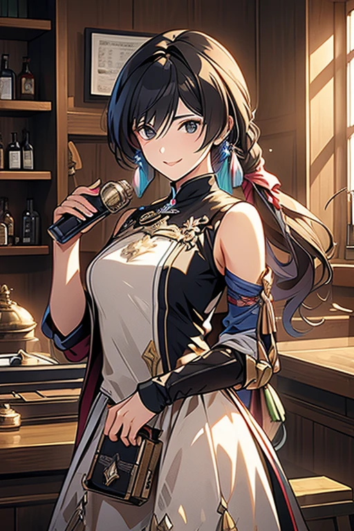 (fantasy:1.5),(anime,8k,masterpiece, top quality, best quality,beautiful and aesthetic:1.2,professional illustrasion:1.1,ultra detail:1.3,perfect lighting),extremely detailed,highest detailed,incredibly absurdres , highres, ultra detailed,intricate:1.6,(Alchemy Workshop:1.4),A girl mixing,Medicine in many small bottles,holding small potion,colorful:1.4,zentangle,(1girl),(girl),(Three kingdoms female warload),(highly detailed beautiful face and eyes,firm breasts),oily skin,((black,hair,short bob with short pony tail hair)),thin pubic hair,cute,lovely,34 years old,alchemist costume,Merchant's Clothing,smile,in the kitchen,smile,seductive weak smiling,(with sparkling eyes and a contagious smile),open mouth, Looking at Viewer,