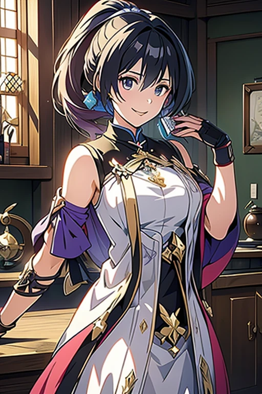 (fantasy:1.5),(anime,8k,masterpiece, top quality, best quality,beautiful and aesthetic:1.2,professional illustrasion:1.1,ultra detail:1.3,perfect lighting),extremely detailed,highest detailed,incredibly absurdres , highres, ultra detailed,intricate:1.6,(Alchemy Workshop:1.4),A girl mixing,Medicine in many small bottles,holding small potion,colorful:1.4,zentangle,(1girl),(girl),(Three kingdoms female warload),(highly detailed beautiful face and eyes,firm breasts),oily skin,((black,hair,short bob with short pony tail hair)),thin pubic hair,cute,lovely,34 years old,alchemist costume,Merchant's Clothing,smile,in the kitchen,smile,seductive weak smiling,(with sparkling eyes and a contagious smile),open mouth, Looking at Viewer,