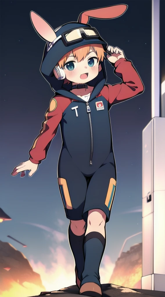 2D Shonen Shota，One-piece mountaineering suit，Slim, healthy body，Put the headphones on your head，stand up，goggles，Rabbit ears，Happy，Sailor collar，tie，zipper，hood，run