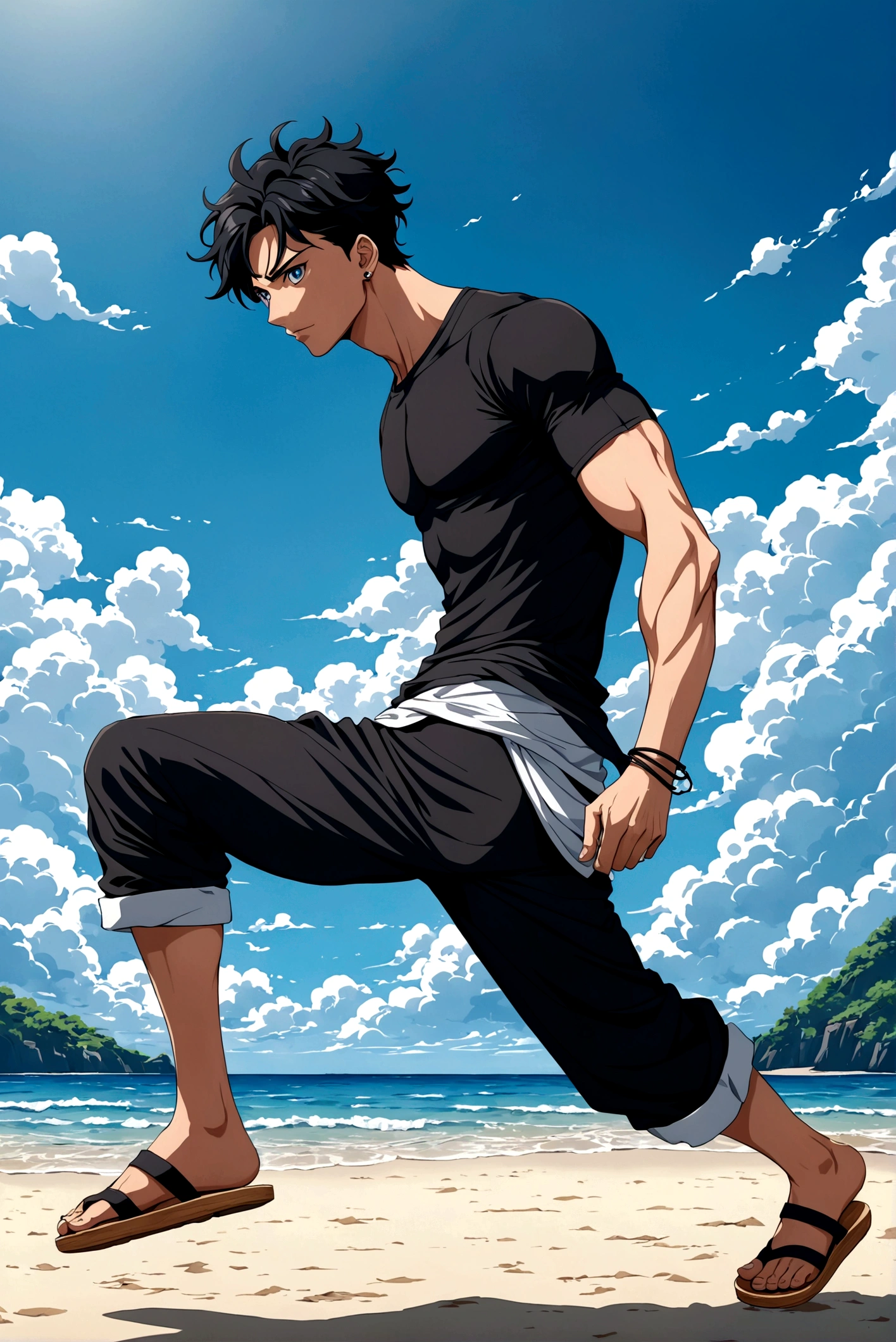 ((best qualityer)), ((work of art)), (detailded), (anime styling) A tall, muscular young man with short black hair and piercing blue eyes in comfortable clothing wearing a compression shirt and light, baggy black pants and wooden sandals on a blue sky beach