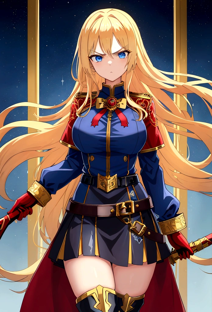 20-year-old anime girl, long blonde hair, blue eyes, angry expression, long dark blue skirt with gold embroidery at the hem, old-fashioned blue blouse with long fitted sleeves, adorned with red details, red leather gloves that reach her elbows, dark brown leather boots that reach mid-calf, leather belt adorned with a golden buckle and red details, her weapon is a huge greatsword with a gold and red decorated handle, hanging on her back in an ornate sheath.