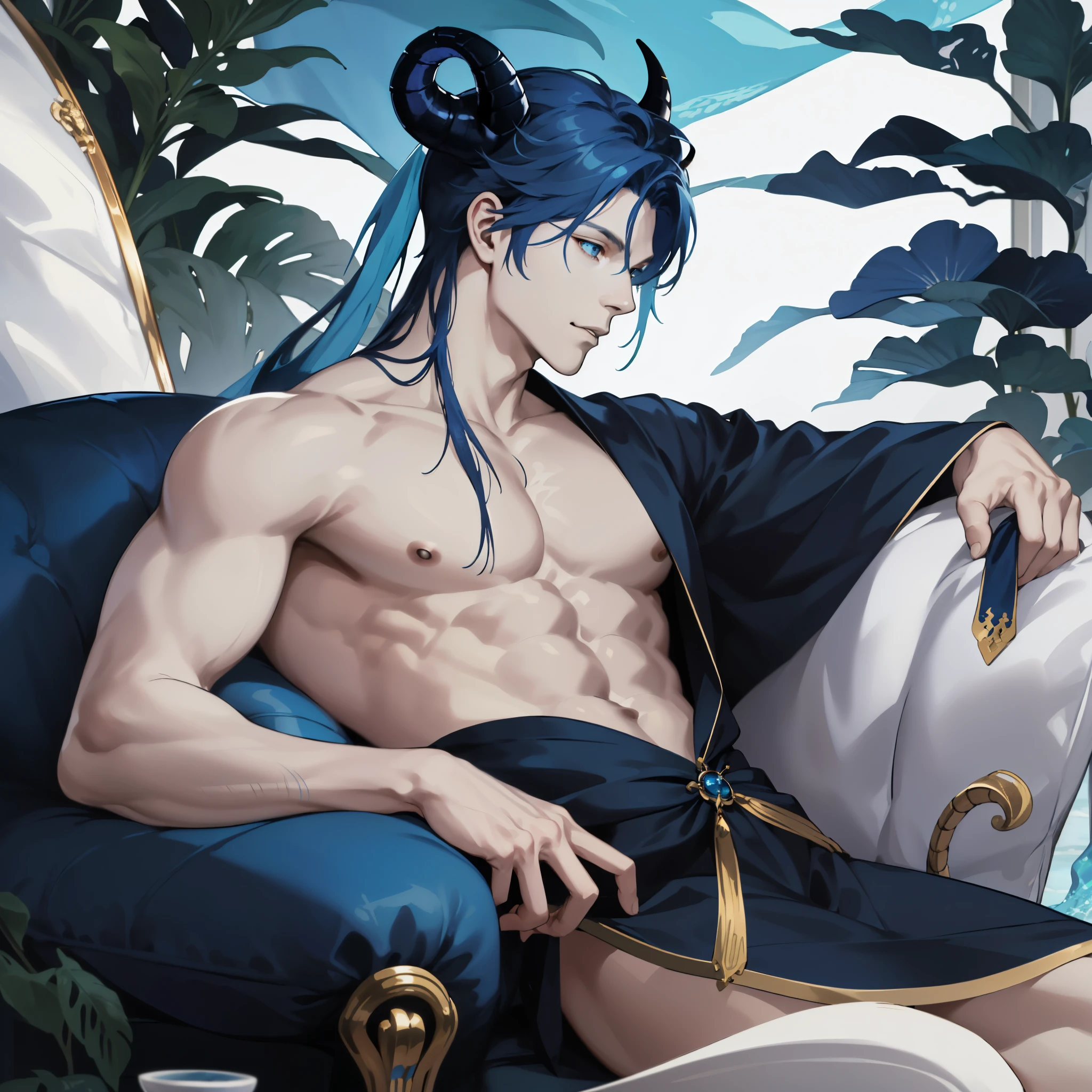 (absurdres, highres, ultra detailed, realistic, ), masculine man, solo, alone, sea, deep blue hair, blue scales on skin, pale skin, golden hunter eyes, navy blue horns curved backwards, serene expression, traditional clothes, dragon tail, more clothes on legs, shiny eyes, better eyes