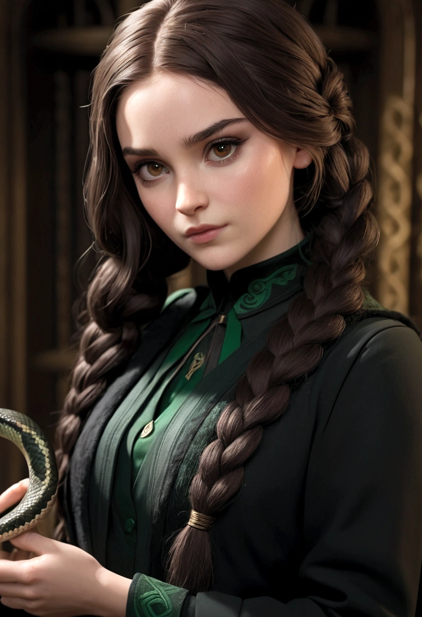 Best Quality, Masterpiece,black fur, Brown eyes,official Slytherin clothing, seeking out, Upper part of the body,lock of hair,White skin,side braids,holding a snake wand, 4k,