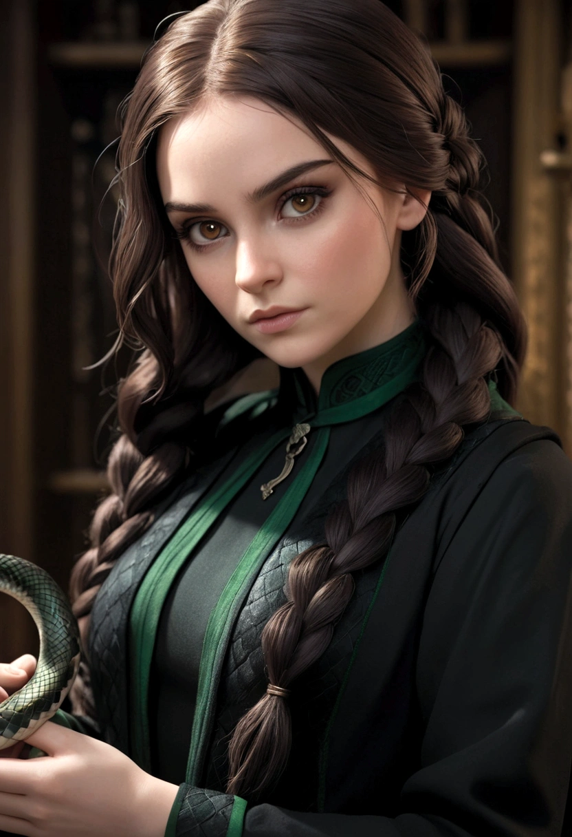 Best Quality, Masterpiece,black fur, Brown eyes,official Slytherin clothing, seeking out, Upper part of the body,lock of hair,White skin,side braids,holding a snake wand, 4k,