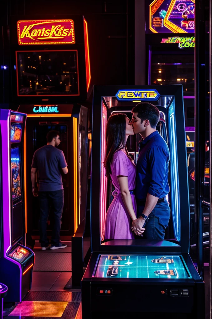 The image shows a couple kissing. The woman is on the left and the man is on the right.. The woman has long straight hair, and the scene is illuminated with colored lights, predominantly purple and blue. The man has short hair and is wearing a dark t-shirt. They are in an indoor environment that appears to be a game room or arcade., with machines and people in the background, illuminated with bright and colorful lights.