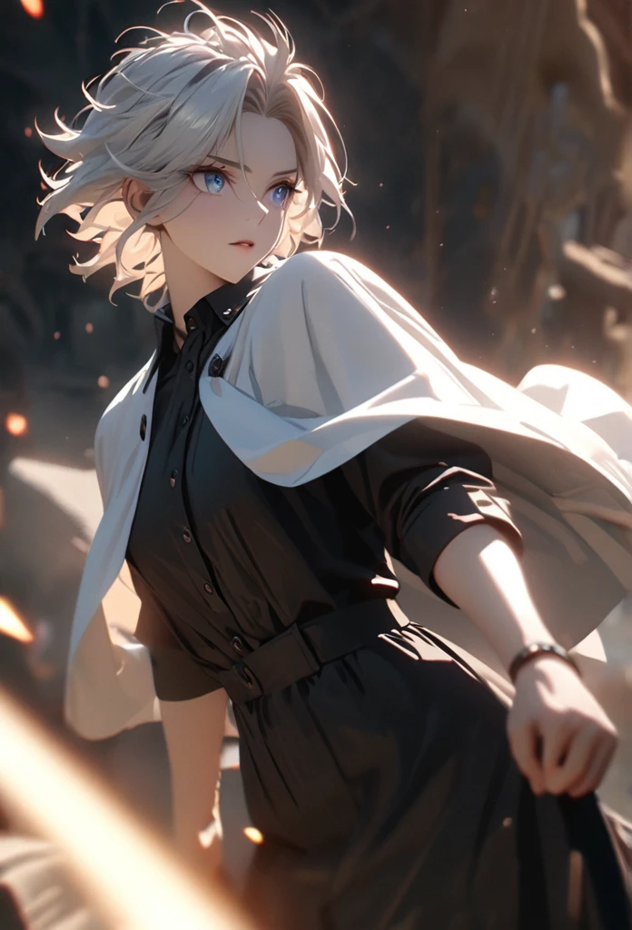 (solo), white hair, messy hair, mane hair, short hair, dense hair, wild hair, expressive hair, mature,(25 year old), pale skin, blue eyes, ((male)), wearing a black dress shirt, wearing a white cloak,, rolled up sleeves, handsome, attractive, eye reflection, depth of field, thunder aura,cinematic lighting, ray tracing, depth of field, cinematic lighting, ray tracing, UHD, high details, best quality, highres, high quality, award winning, super detail, masterpiece, 8k, UHD, high details, best quality, highres, high quality, award winning, super detail, masterpiece, 8k, digital art, anime coloring, full body shot, body shot, In a fighting position, Hand to hand combat, good face, perfect face, detailed face, good eyes, looking towards the screen.