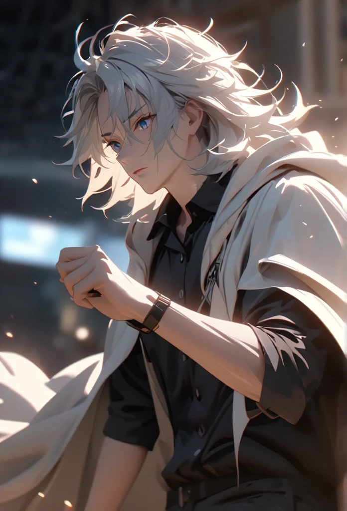 (solo), white hair, messy hair, mane hair, short hair, dense hair, wild hair, expressive hair, mature,(25 year old), pale skin, blue eyes, ((male)), wearing a black dress shirt, wearing a white cloak,, rolled up sleeves, handsome, attractive, eye reflection, depth of field, thunder aura,cinematic lighting, ray tracing, depth of field, cinematic lighting, ray tracing, UHD, high details, best quality, highres, high quality, award winning, super detail, masterpiece, 8k, UHD, high details, best quality, highres, high quality, award winning, super detail, masterpiece, 8k, digital art, anime coloring, full body shot, body shot, In a fighting position, Hand to hand combat, good face, perfect face, detailed face, good eyes, looking towards the screen.