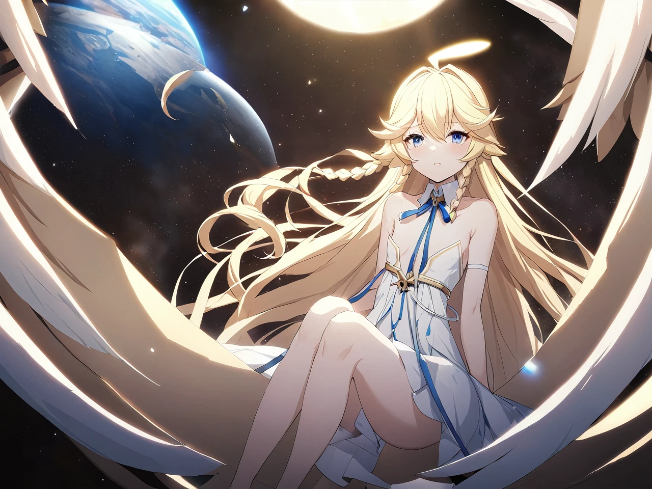 Zaora, blue eyes, (Variegated eyes:0.5), Blonde, Very long hair, Twin Blade, bangs, Ahoge, Hello, Angel, Flat Chest, White Dress, Belly button cutout, Detachable collar, Strapless, Neck ribbon, Bare shoulders, Angel wings, barefoot, One girl, Solo Break Space, planet, Depth of written boundary, Cinematic, masterpiece, Highest quality, Game CG
