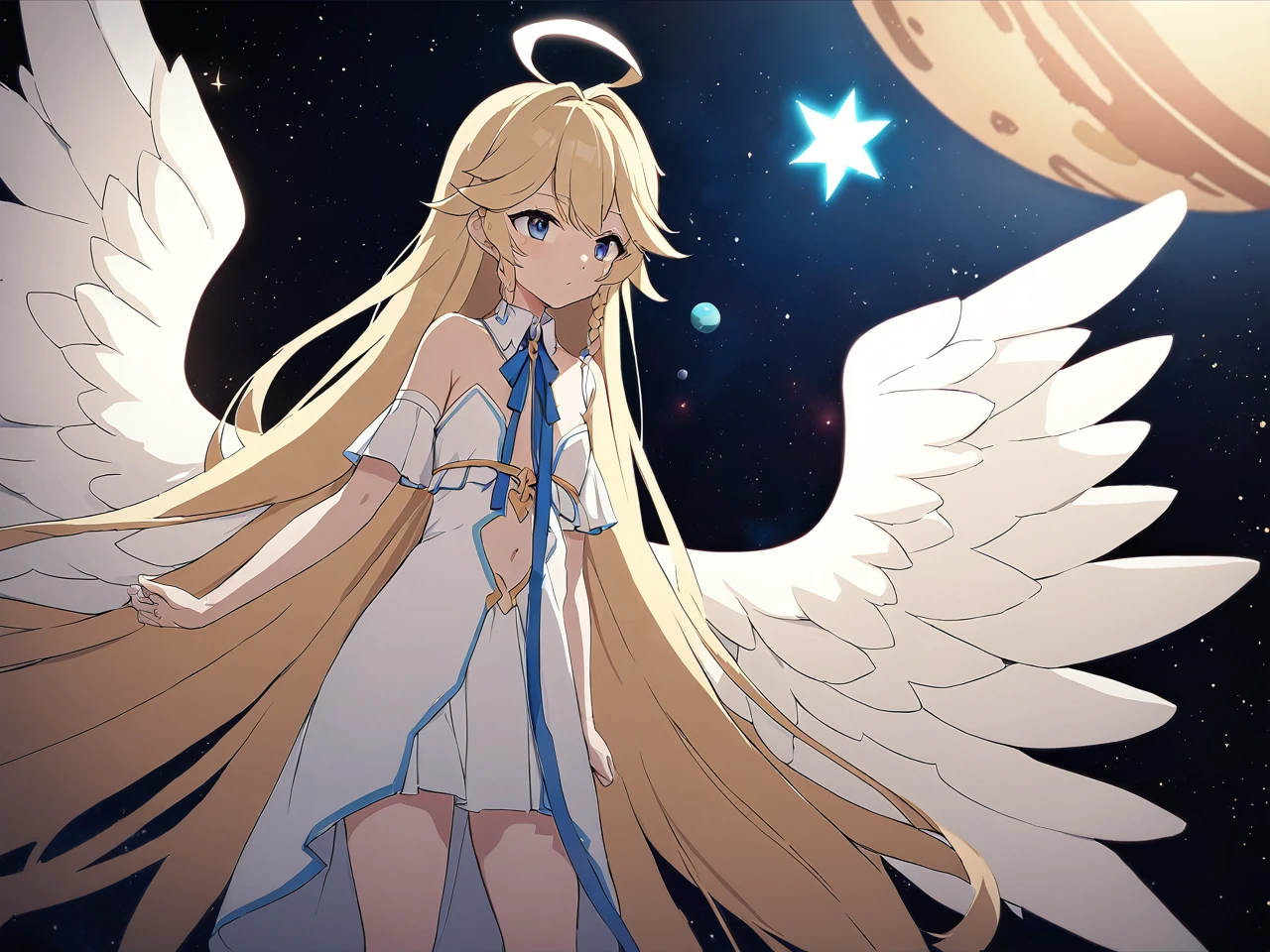 Zaora, blue eyes, (Variegated eyes:0.5), Blonde, Very long hair, Twin Blade, bangs, Ahoge, Hello, Angel, Flat Chest, White Dress, Belly button cutout, Detachable collar, Strapless, Neck ribbon, Bare shoulders, Angel wings, barefoot, One girl, Solo Break Space, planet, Depth of written boundary, Cinematic, masterpiece, Highest quality, Game CG