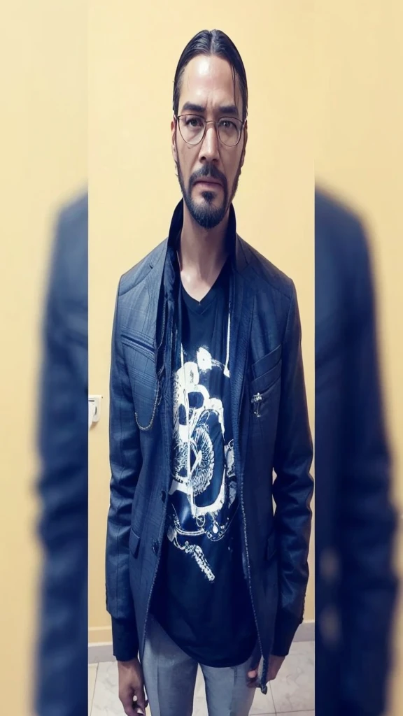 "Transform the image of a young man with dark skin, short hair and glasses in a version that looks like John Wick. He must be wearing an elegant navy blue slim fit suit, with a white shirt underneath and a black tie. Add black dress shoes to complement the look. Style your hair to look more social , similar to John Wick style. Add a short, well-groomed beard. Remove the glasses to create a look closer to John Wick. Posture should be confident and upright, with a serious and focused facial expression."