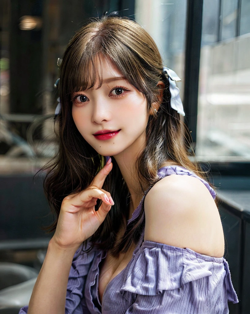score_9_up, score_8_up, score_7_up, score_6_up, kawaii, ((realistic, photorelistic, detailed face, detailed skin, detailed eyes, sharp focus)), BREAK, fashion photograph of 1cute Japanese-girl, 1girl, 22years old, (seductive smile:1.2), blush, make-up, pink lips, BREAK, (blonde hair:1.2), (side locks:0.66), (short hair:0.66), (bangs:1.2), hair bow, bow, BREAK, (purple eyes:1.2), (long eyelashes:1.2), BREAK, (breasts, Very large breasts, ample. cleavage:1.3), BREAK, black bra, lace-trim, frills, off-shoulder, collarbone, bare shoulder, hand up, BREAK, (oily skin, shiny skin, glistening skin:1.2), BREAK, (ultra-detailed background:0.4), more detail, bokeh, depth of field, female focus, close up, portrait,