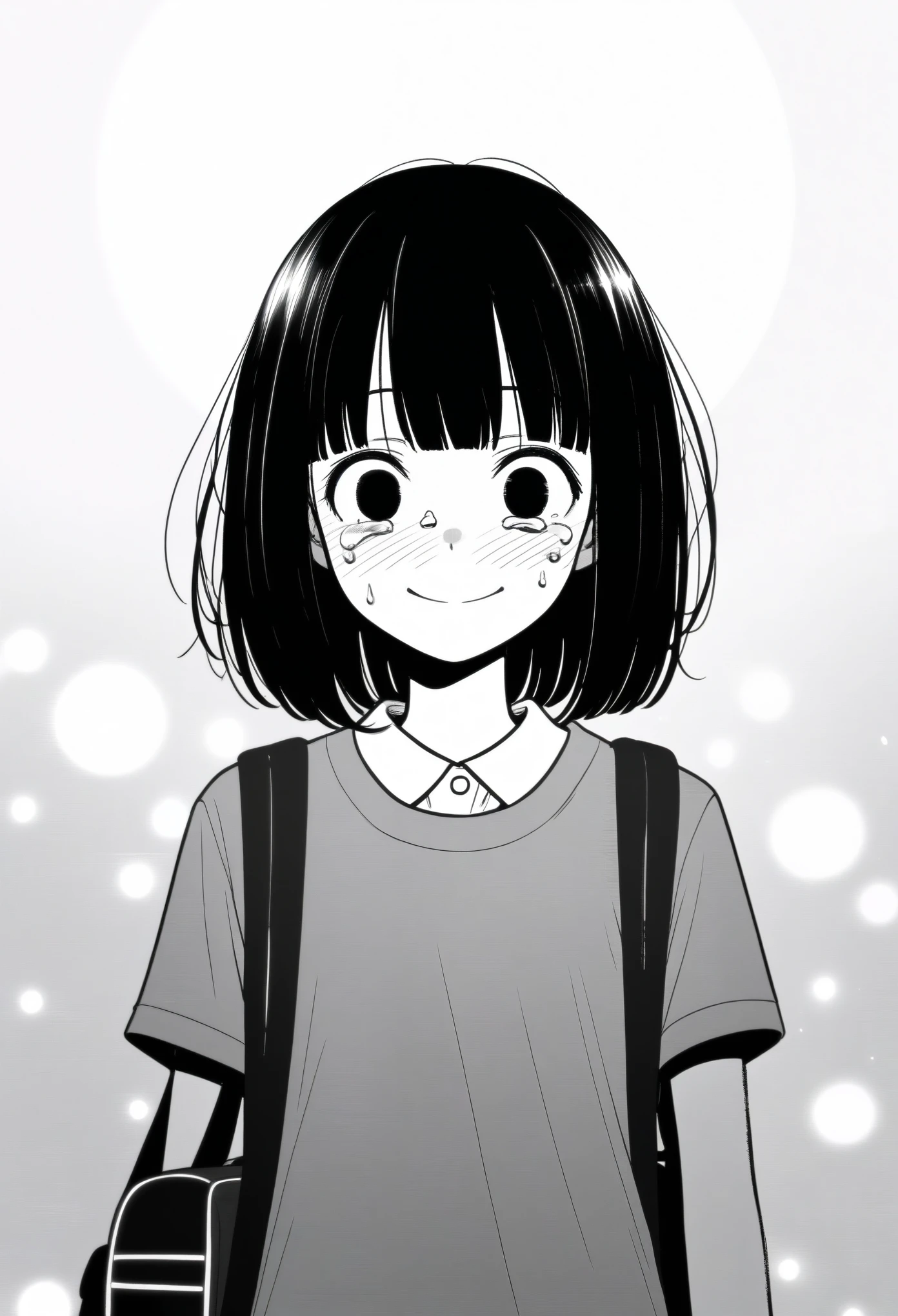 masterpiece, best quality, 1girl, mamerakkkkko, grayscale, manga style, japanese, chi no wadachi, black eyes, street, iced, black hair, schoolbag, smile, lineart, white background, white shirt, grey shorts, centered, 18 years old, tall, fair skinned, bokeh background, crying, tears, straight-on, tears streaming, bob cut, light particles, centered