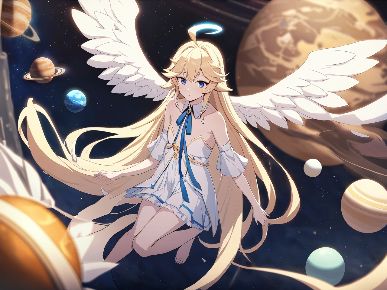 Zaora, blue eyes, (Variegated eyes:0.5), Blonde, Very long hair, Twin Blade, bangs, Ahoge, Hello, Angel, Flat Chest, White Dress, Belly button cutout, Detachable collar, Strapless, Neck ribbon, Bare shoulders, Angel wings, barefoot, One girl, Upper Body, Solo Break Space, planet, Depth of written boundary, Cinematic, masterpiece, Highest quality, Game CG