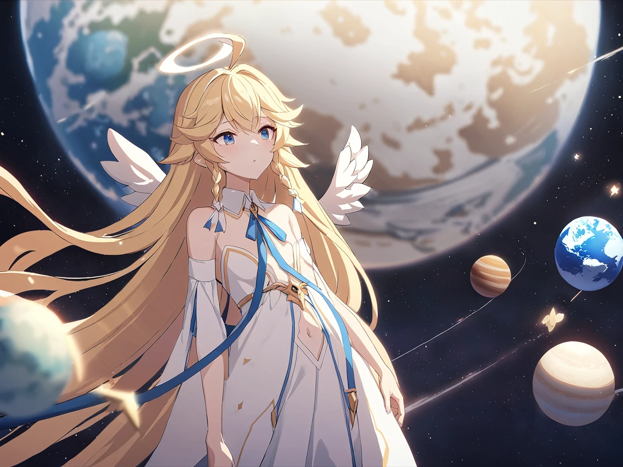 Zaora, blue eyes, (Variegated eyes:0.5), Blonde, Very long hair, Twin Blade, bangs, Ahoge, Hello, Angel, Flat Chest, White Dress, Belly button cutout, Detachable collar, Strapless, Neck ribbon, Bare shoulders, Angel wings, barefoot, One girl, Upper Body, Solo Break Space, planet, Depth of written boundary, Cinematic, masterpiece, Highest quality, Game CG