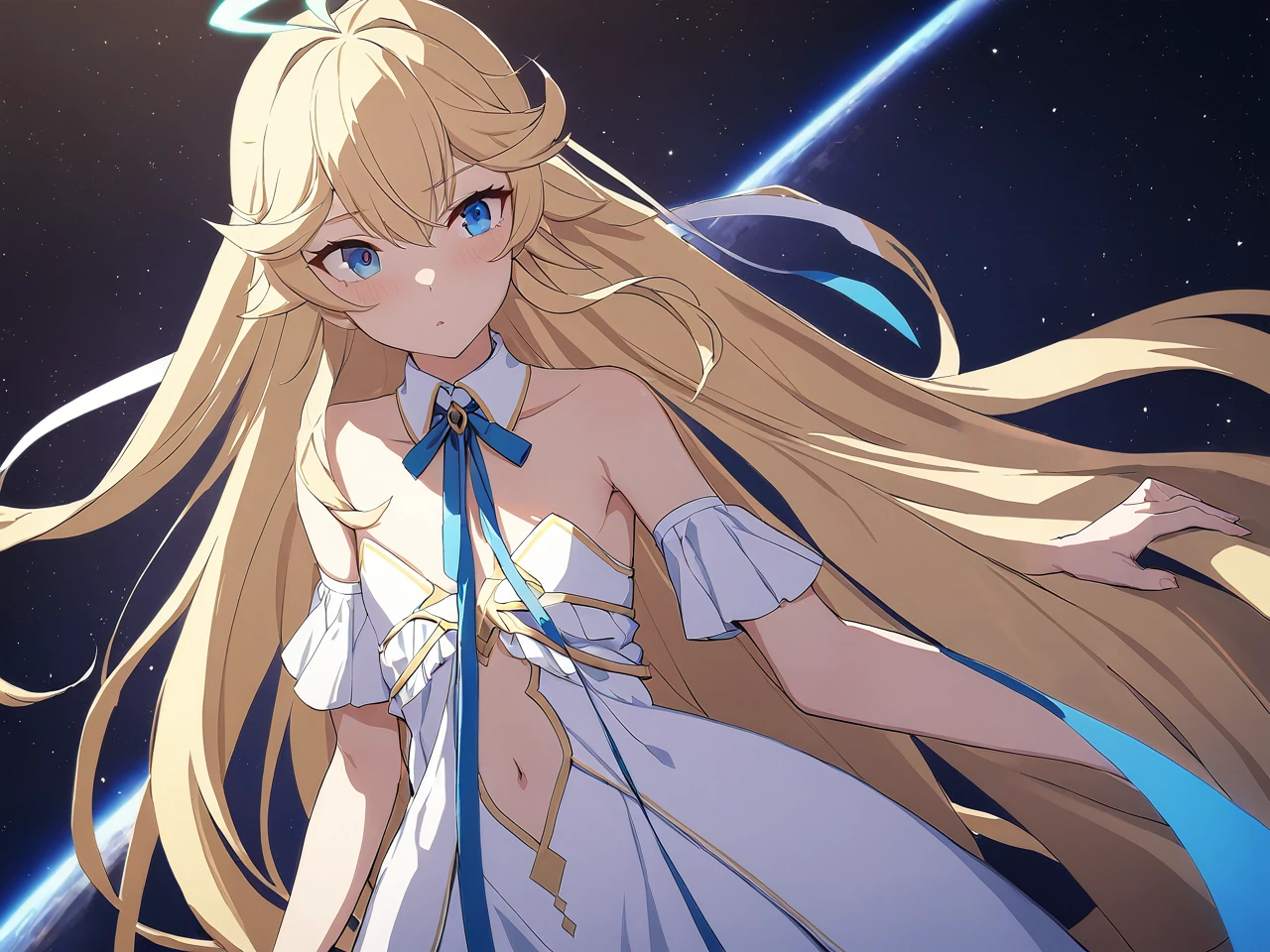 Zaora, blue eyes, (Variegated eyes:0.5), Blonde, Very long hair, Twin Blade, bangs, Ahoge, Hello, Angel, Flat Chest, White Dress, Belly button cutout, Detachable collar, Strapless, Neck ribbon, Bare shoulders, Angel wings, barefoot, One girl, Upper Body, Solo Break Space, planet, Depth of written boundary, Cinematic, masterpiece, Highest quality, Game CG