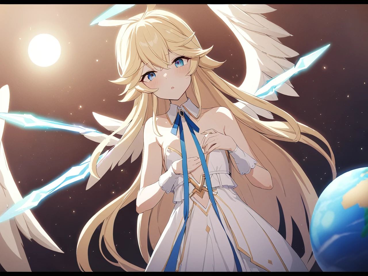 Zaora, blue eyes, (Variegated eyes:0.5), Blonde, Very long hair, Twin Blade, bangs, Ahoge, Hello, Angel, Flat Chest, White Dress, Belly button cutout, Detachable collar, Strapless, Neck ribbon, Bare shoulders, Angel wings, barefoot, One girl, Upper Body, Solo Break Space, planet, Depth of written boundary, Cinematic, masterpiece, Highest quality, Game CG