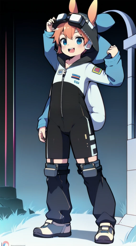 2D Shonen Shota,One-piece mountaineering suit,Slim, healthy body,Put the headphones on your head,stand up,goggles,Rabbit ears,Happy,Sailor collar,tie,zipper,hood,
