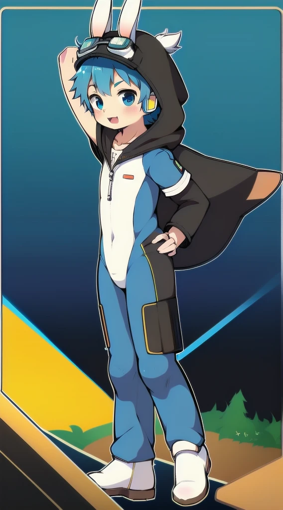 2D Shonen Shota，One-piece mountaineering suit，Slim, healthy body，Put the headphones on your head，stand up，goggles，Rabbit ears，Happy，Sailor collar，tie，zipper，hood，