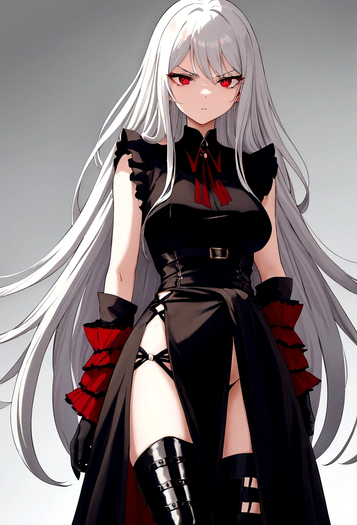Girl, 20 years old, with long white hair down to below her waist, a serious yet tender expression, and red eyes. Her hair features black streaks. She wears antique-style clothing, a long black dress with a slit on the legs, and high black boots that almost reach her knees. Her power and background are related to shadows and darkness. dark escense, figth stance