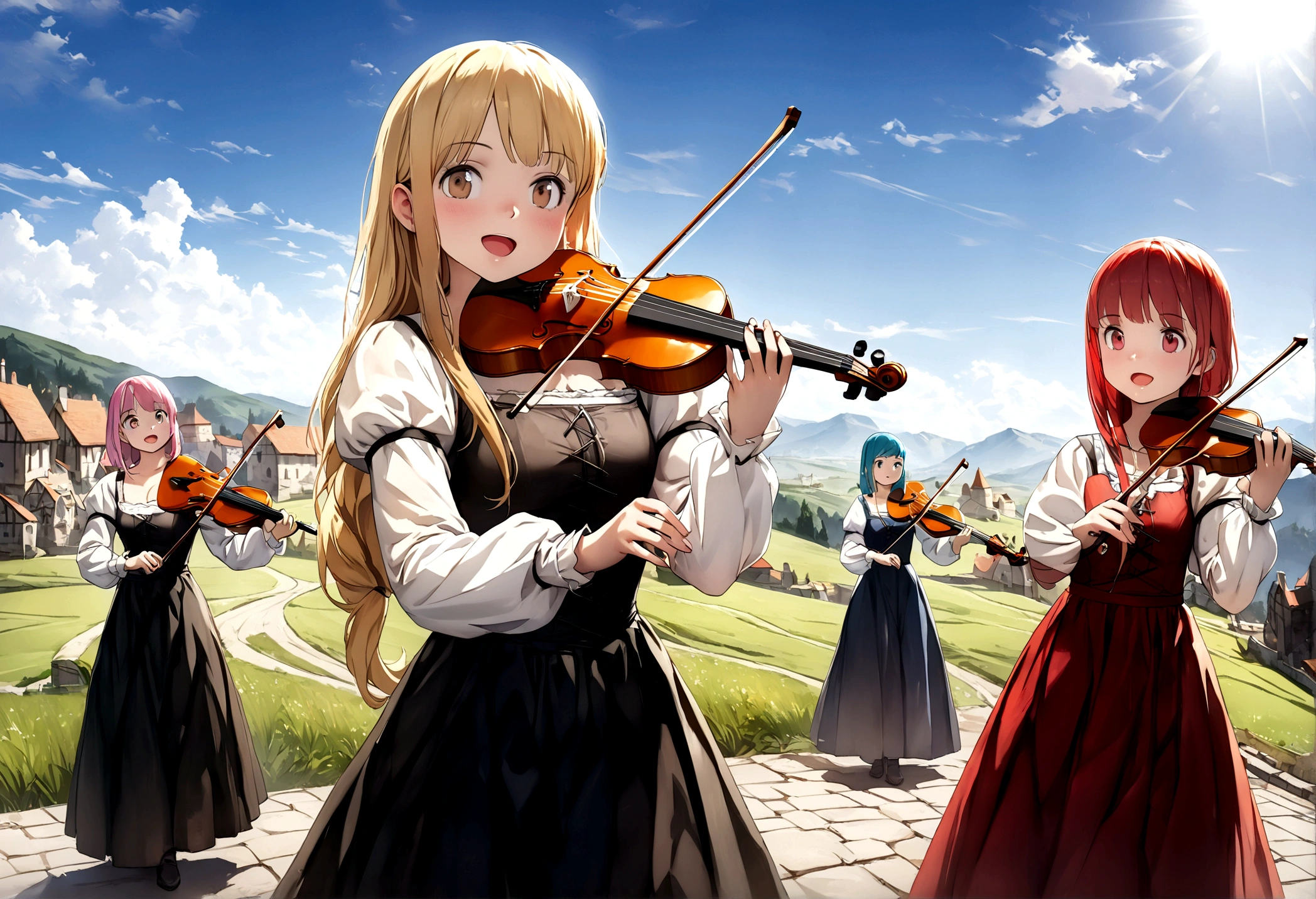 (((Top quality, 4k, 8k, high resolution, masterpiece: 1.2))), (super detailed), (realistic), (photorealistic), (photorealistic: 1.37), (HDR, UHD), (studio (lighting)), ultra-fine drawing, sharp focus, physically based rendering, highly detailed, professional, vibrant colors, perfect ditaile hand, highly detailed realistic eyes, girl, one girl, multiple girls, A lot of girls,  smile, open mouth, close mouth, short hair, medium hair, medium length, long hair, ponytail, red hair, blue hair, blonde hair, green hair, pink hair, medieval European clothing, Citizen's Clothing from Medieval Europe, miniskirt, mid-length skirt, long skirt, chinos pants, (((playing the lute, playing the violin, Girls playing guitar, playing the flute, playing the drums))), Medieval European town, Countryside, Medieval European rural village, Rural grassland, Mountain view, Rural river, Irrigation canal, anime, cartoon, kawaii, qute, (((Long shot, Panorama, Distant view, Vast landscape))), knees, feet,  looking at viewer, 