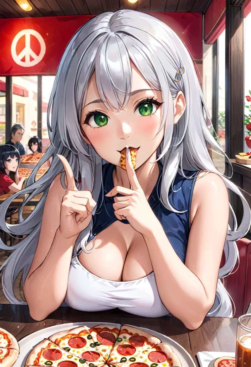 Pretty asian woman, bright silver hair, long hair, green eyes, perfect face, busty, sitting at a table, peace sign pose, about to eat a pizza, anime style