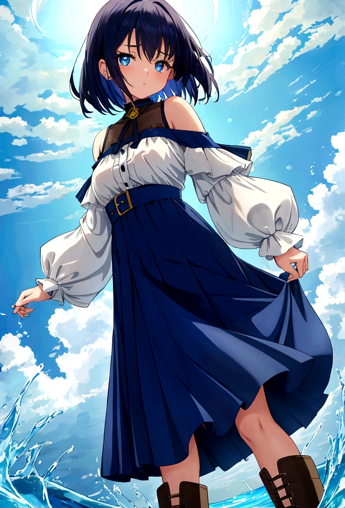 20 years old anime girl, with short dark blue hair to the shoulders, a serious yet tender expression, and bright light blue eyes. She dresses in an antique style, wearing a long dark blue skirt that reaches her knees, and small dark brown boots up to her ankles. Her white blouse is long-sleeved, covering her fingers slightly, and falls off one shoulder, leaving it exposed. She possesses water powers and has a water-themed background.