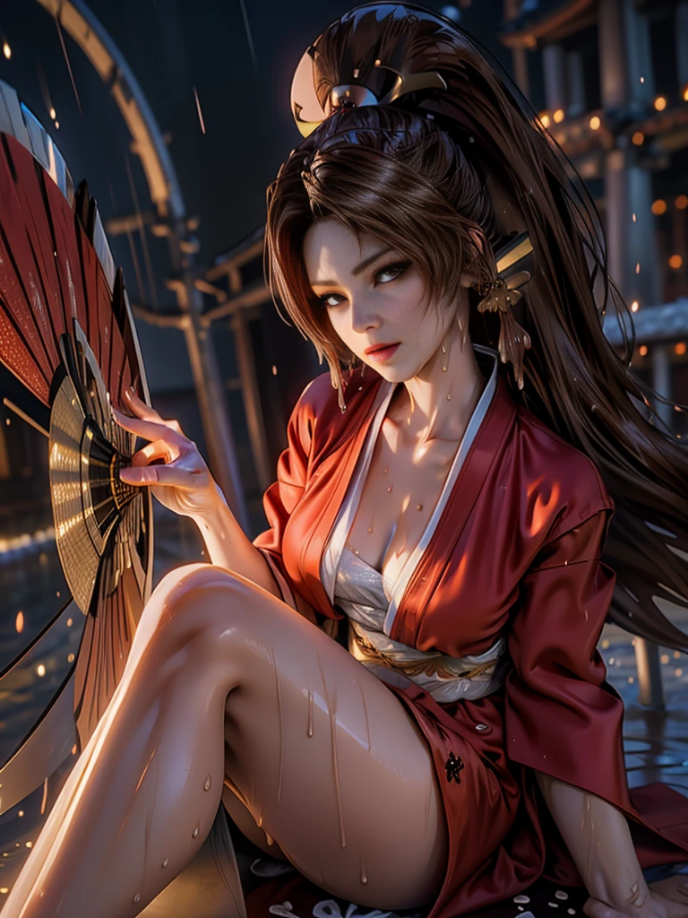 (exquisitely detailed CG unity 8k wallpaper, masterpiece-quality with stunning realism), (best illumination, best shadow), (best quality), (elegant style:1.2), Arti modern anime. angled view, heroic pose, midshot, (cel-shading style:1.3), centered image, ultra detailed closeup portrait of (Mai Shiranui:1) from (King of Fighters), best quality, expressive eyes, perfect face, highres, (ultra details), 1 girl, solo, brown hair, hair ornament, eyeshadow, gold, white and red qipao, highly ornamented, in the city of Japan, portrait, looking at the viewer, piercing eyes, full body, (light from the angle:1) (wind blowing:1.2).(depth of field effects:1.3) (motion action:1.2) (closeup:1.2) (motion blur effects:1), spreading feet, Thin to transparent,see-through,(((Soggy-kimono:1.2))),Lace fabric, (((water-immersed body: 0.9))),jewelry, relaxing pose, (holding an oriental fan:1), (sitting:1) (relaxed hands pose:1)