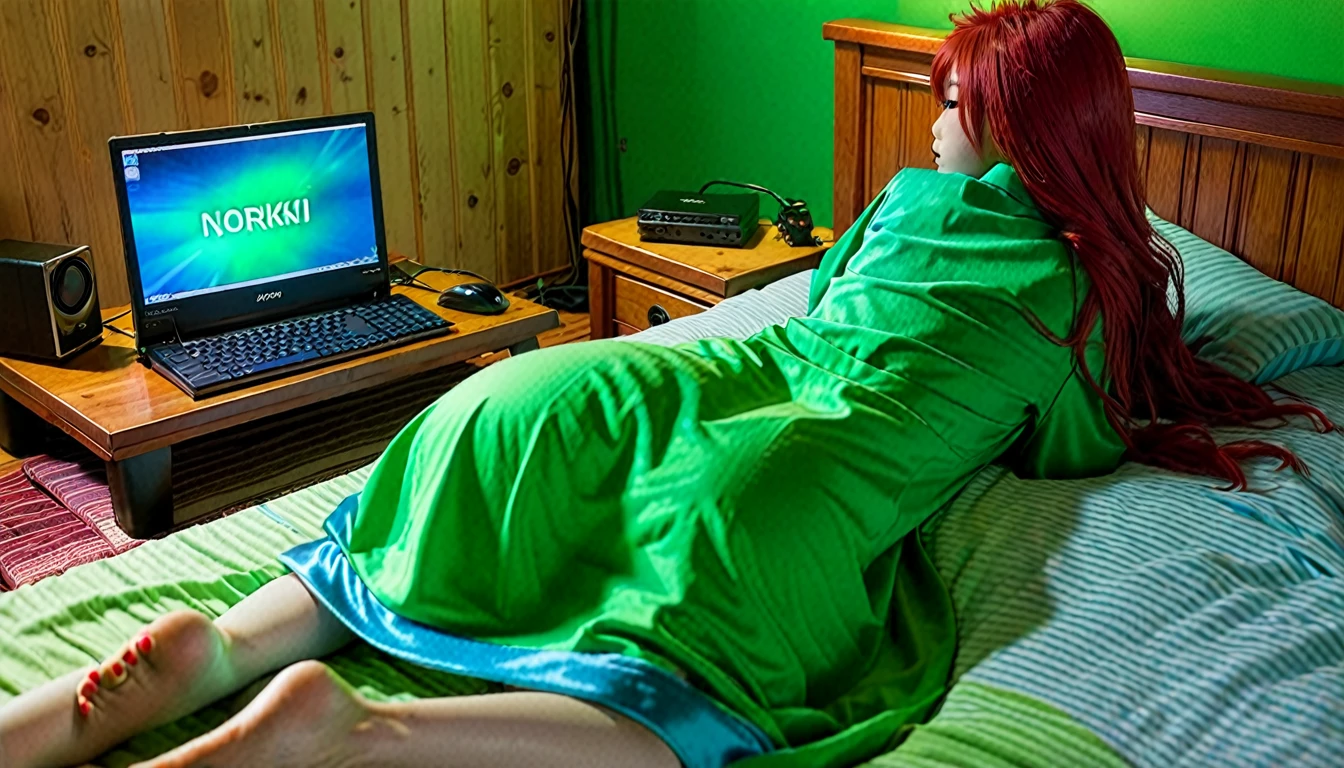 Uhd, photo of Cami, subject: Noriko, 1/2 Japanese 1/2 Hainu skinny girl with long red hair lying in a bed using the lit portable computer placed in front of her on the bed, viewed from behind, blue+++ eye, LGBTQIA+, queer, punk style, wearing green long nightgown. Background: wooden bedroom.