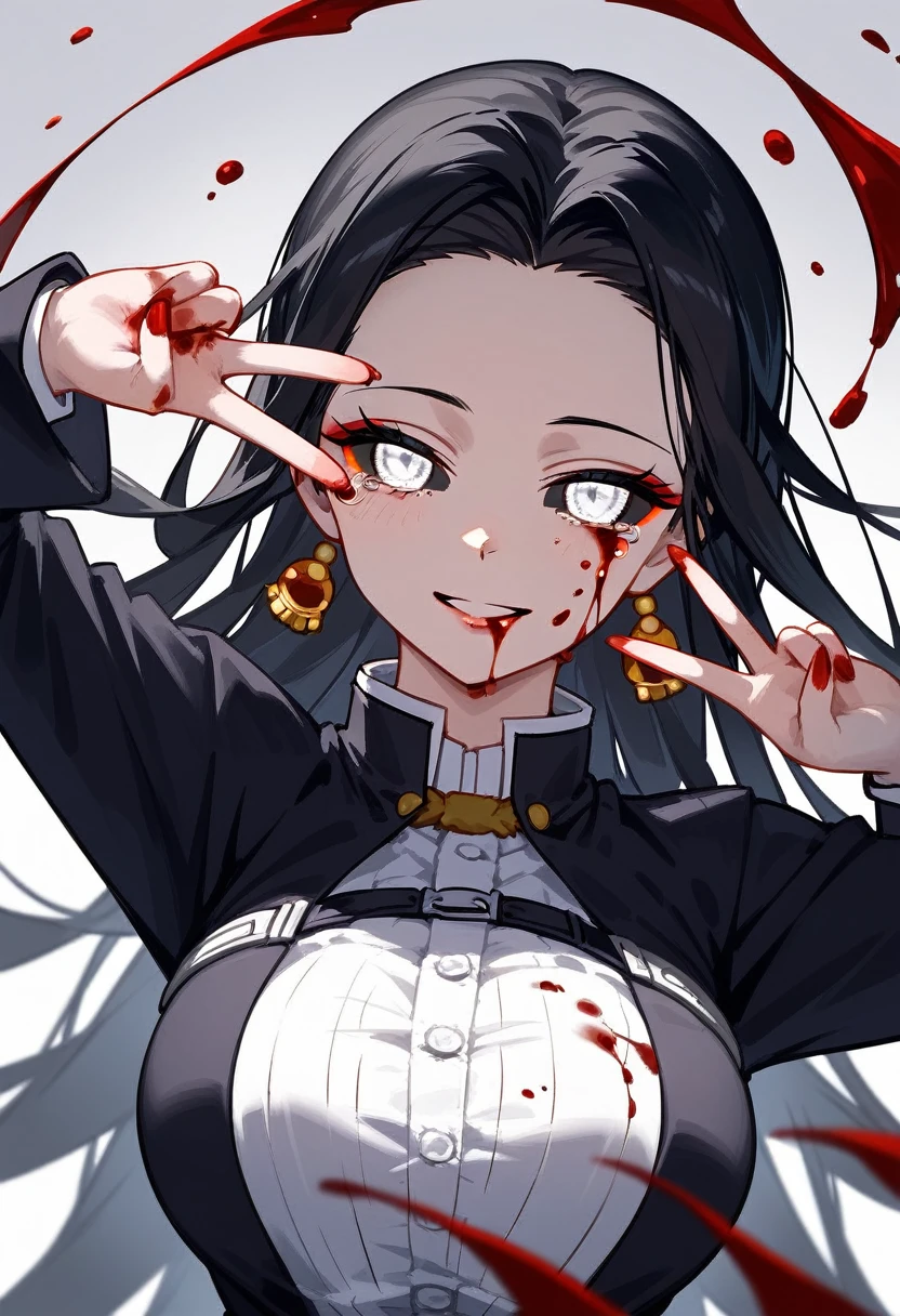 masterpiece, zoom out, score_9, score_8_up, score_7_up, portrait, 1 girl, alone, black hair, long hair, long parted bangs, white eyes, black sclera, (blood tears, small smile), evil, parted lips, expressionless, big breasts, upper body, V-neck strap basic dress, black bottom, best quality, long split bangs, Long parted bangs, kimetsu no Yaiba demonio