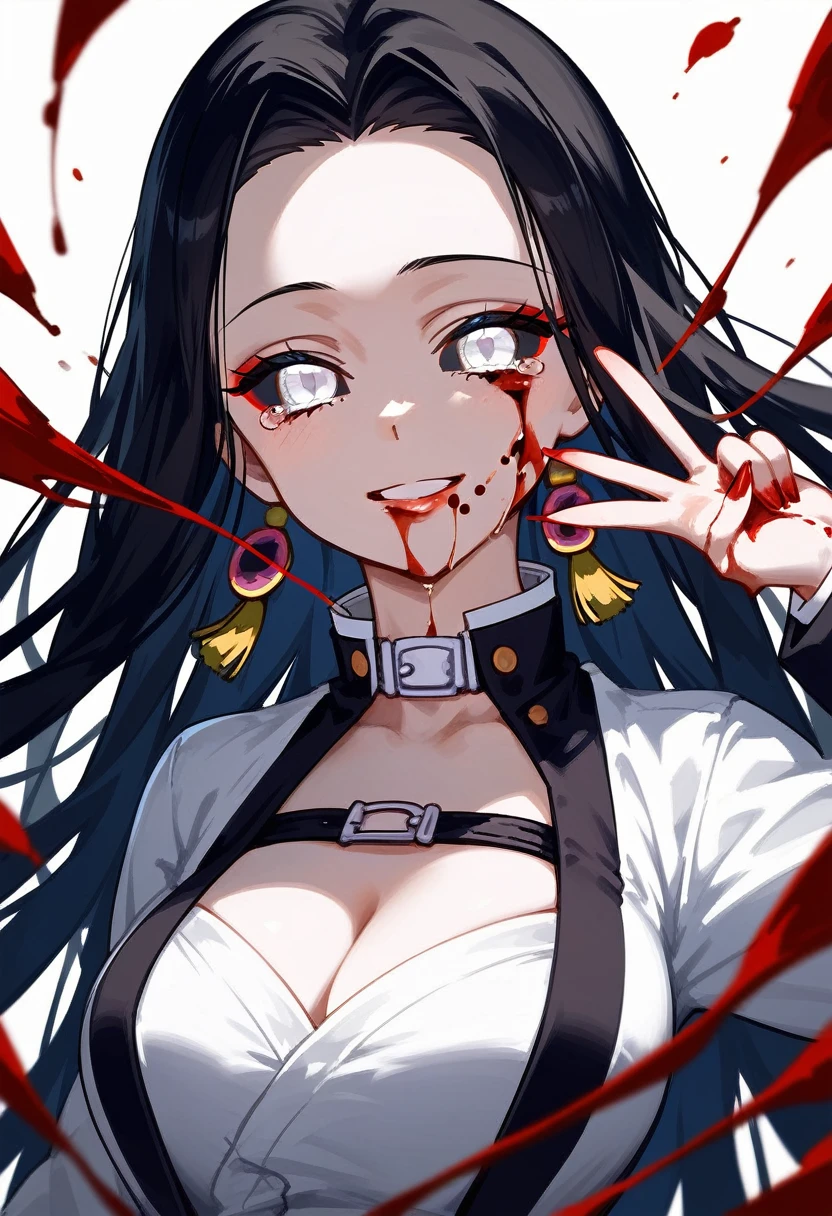 masterpiece, zoom out, score_9, score_8_up, score_7_up, portrait, 1 girl, alone, black hair, long hair, long parted bangs, white eyes, black sclera, (blood tears, small smile), evil, parted lips, expressionless, big breasts, upper body, V-neck strap basic dress, black bottom, best quality, long split bangs, Long parted bangs, kimetsu no Yaiba demonio